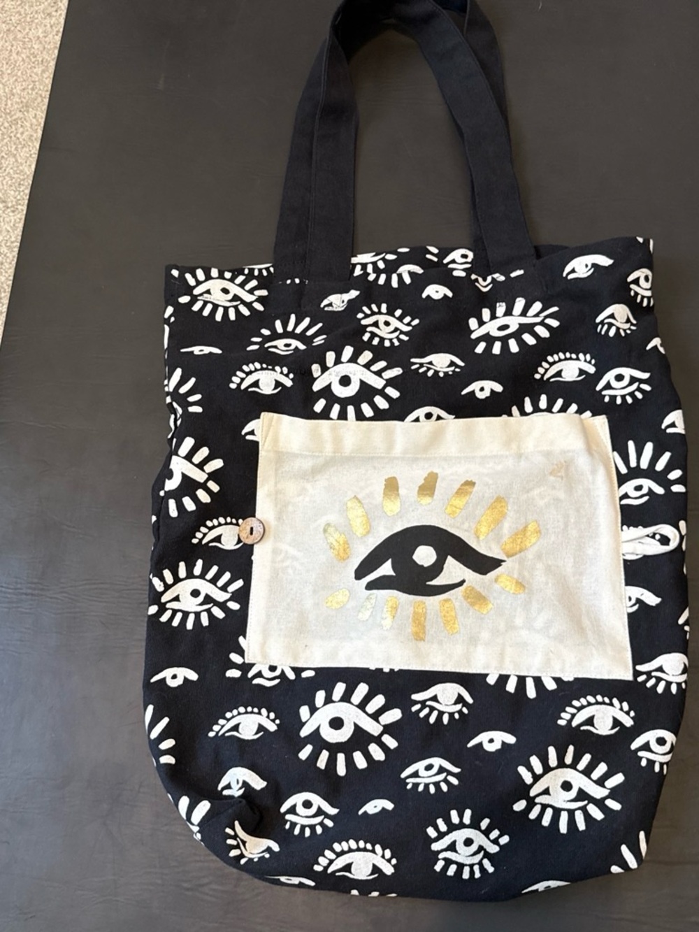 Cost Plus World Market Black and White Eye-Print Tote with Gold Accent Pocket
